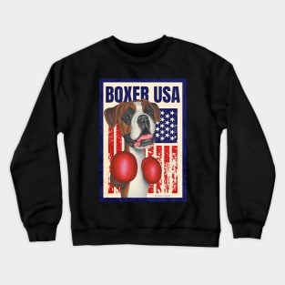 Cute funny red white and blue Boxer Dog with Boxing Gloves USA Crewneck Sweatshirt